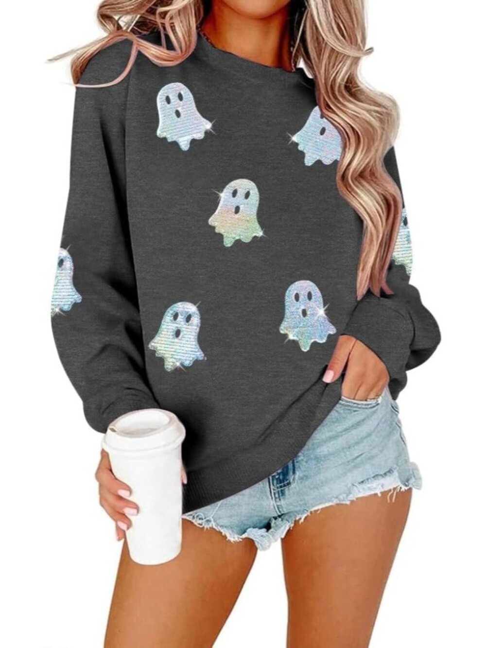 🆕 Women's Gray Sequin Ghost Crewneck Halloween Spooky Sweatshirt Graphic Top